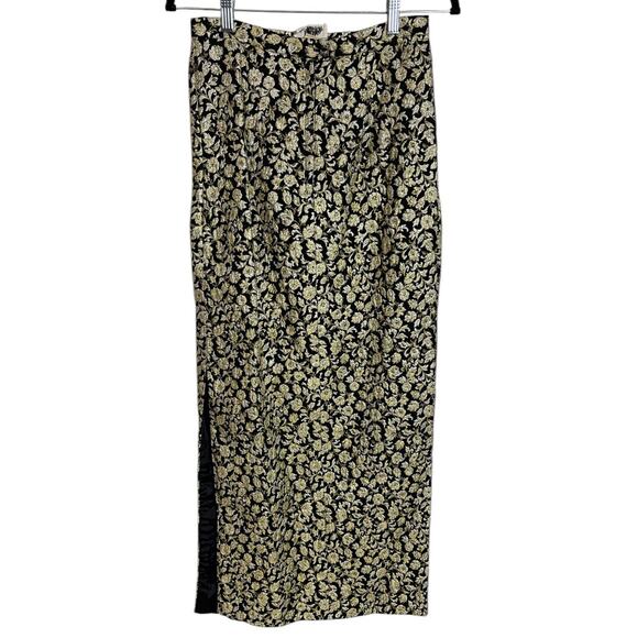 Vintage Dresses & Skirts - Vintage 50s 60s Black Gold Floral Brocade Long Maxi Skirt Cocktail Formal Party